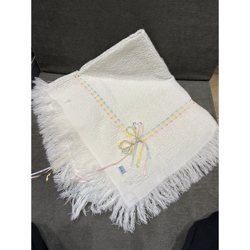 Vintage Neiman Marcus Made In Spain White With Rainbow Ribbon‎ Knit Blanket